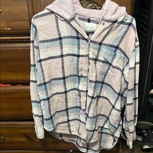 American Eagle Outfitters Plaid Hooded Shirt - Pink and Blue